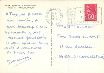 Taizé, kościoł Rekonesancji — Witraż Anuncjacji — Wydawnictwo Les Presses de Taizé (S.-et-L.) — Rewers