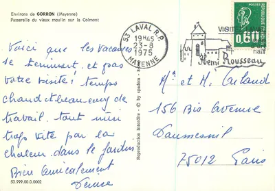 Cerca de Gorron (Mayenne) — Passarela do velho moinho sobre a Colmont — editor spadem, n° 53.999.00.0002 — Verso
