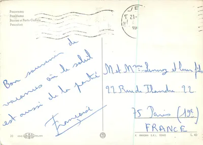Marina di Ravenna — vista aérea e pescadores — Éd. P. Marzari S.R.L. Schio, n°20 — Verso