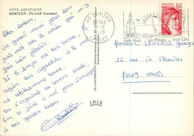Mimizan Plage — vista da praia, dunas, floresta e lago — Éditions Réunies CAP-THÉOJAC — Verso