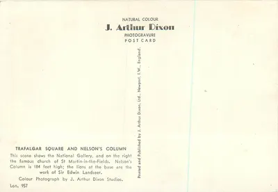 Trafalgar Square i Kolumna Nelsona — widok panoramiczny — J. Arthur Dixon, nr 957 — Rewers