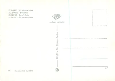 Fribourg - A Porta de Berne — visão panorâmica com ponte e torres — editor BOVEY & Cie, Genève, n° 9391 — Verso
