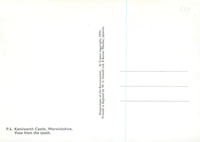 Castello di Kenilworth — Vista da sud — Department of the Environment, 1971 — Verso