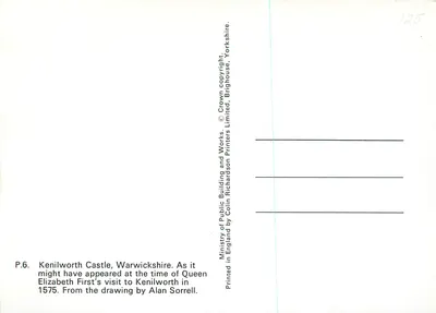 Zamek Kenilworth, Warwickshire — w czasie wizyty królowej Elżbiety I w 1575 roku — rysunek Colina Sorrella, wydrukowany przez Crown Richardson Printers Limited — Rewers