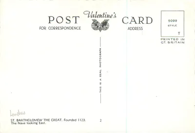 São Bartolomeu o Grande — Nave vista a Leste — editor Post Valentine's Card, estilo 5099 — Verso