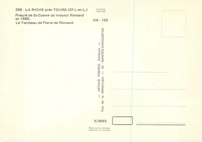 Tomb of Pierre de Ronsard — La Riche near Tours — publisher Artaud Frères — Back