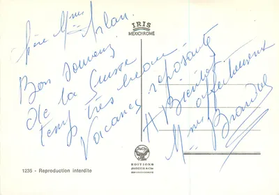 Genebra — vista panorâmica com jato d'água, barco e flores — Éditions Jaeger & Cie — Verso