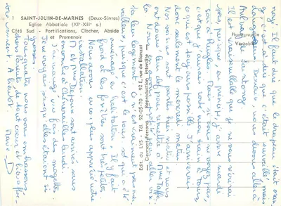 Saint-Jouin-de-Marnes (Deux-Sèvres) — Katedra Abbatyjska (XI-XII w.) — Strona południowa — Fortyfikacje, Wieża, Absydę i Promenadę — Wydawnictwo LYS - Zakaz reprodukcji — Rewers