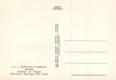 Interior da abadia de Bénévent — Creuse — editor Théojac, n° 21-1 — Verso