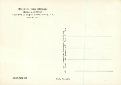 Jumièges (Seine-Inférieure) — Ruinen der Abtei, Südliche Turm der Kirche Notre-Dame (11. Jh.) — Blick von Osten — Serv. Commercial Monuments Historiques, Paris — Rückseite