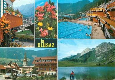 La Clusaz — vista panorâmica, flores, piscina, lago e igreja — Éditions Cellard