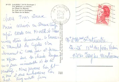 Lalinde — Vista geral, canal, ponte, praça — Edições René, n° 971 — Verso