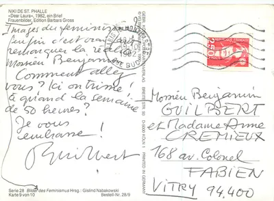 Ilustrowana kartka pocztowa o feminizmie — Niki de Saint Phalle, wydanie Barbara Gross, seria 28, kartka 9 z 10 — Rewers