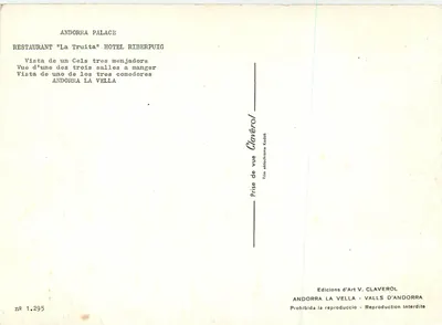 Pałac Andory — Restauracja 'La Truita' — Hotel Riberpuig — Widok jednej z trzech sal do jedzenia — Edicions d'Art V. Claverol — Rewers