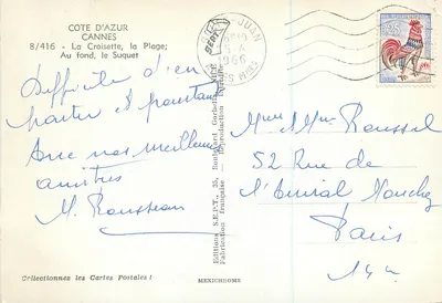 Cannes — La Croisette, la Plage; In fondo, il Suquet — Edizioni S.E.P.T., n°8/416 — Verso