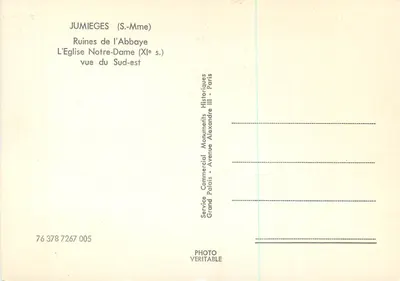 Jumièges (S.-Mme) — Ruinen der Abtei, Kirche Notre-Dame (11. Jahrhundert) Ansicht von Südosten — Service Commercial Monuments Historiques Grand Palais - Avenue Alexandre III - Paris — Rückseite