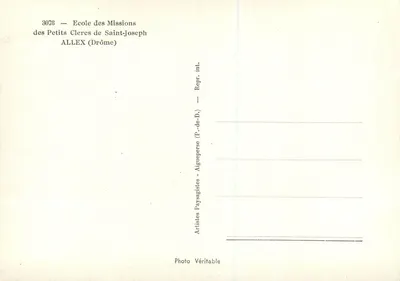 Estátua de santo José com o Menino Jesus — escola dos Pequenos Clercos de Santo José — ALLEX (Drôme) — Verso