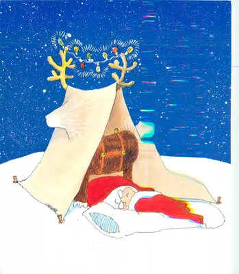 Pai Natal dormindo em uma tenda de Natal — editor Hallmark, série CNF 201-4A