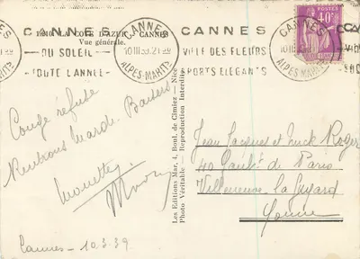 Cannes — Vue générale — La Côte d'Azur — Éditeur Les Editions Mar, 4, Boul. de Cimiez — N° 1210 — Rewers