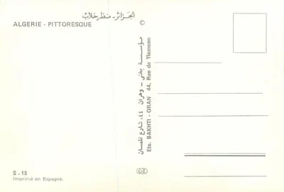 Cena de vida argelina — cavaleiro em um cavalo branco diante de uma mesquita — editor Ets. de Tlemcen, série S-15 — Verso