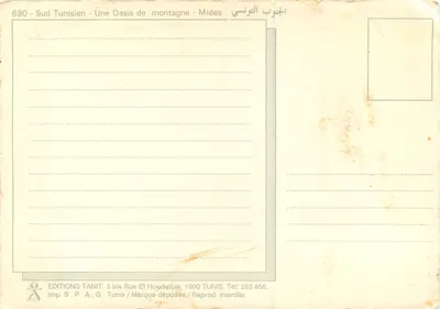 Bilhete postal moderno Sul Tunisiano uma Oasis de Montanha Mides — Verso
