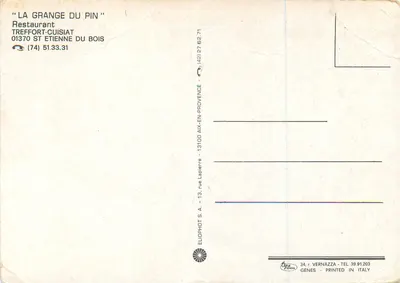 La Grange du Pin — Restaurante em Treffort-Cuisiat — Editor Eliephot S.A. — Verso
