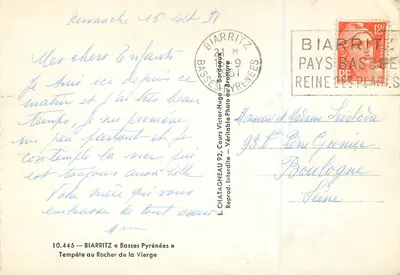 Biarritz — Tempête au Rocher de la Vierge — L. CHATAGNEAU, 10.445 — Verso
