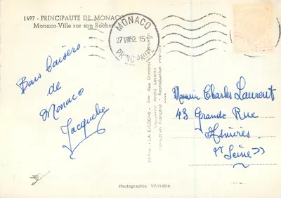 Monaco-Ville na swoim Wzgórzu — Cigogne — Wydawca LA CIGOGNE, nr 1497 — Rewers