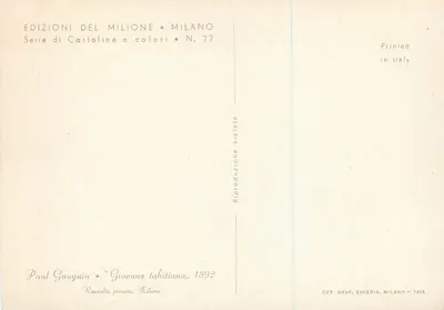 Jeune Tahitienne — Paul Gauguin — Éditions Del Milione, série N. 77 — Verso