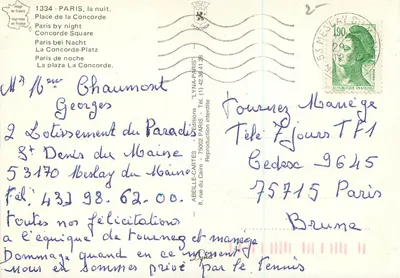 Place de la Concorde — Paris à noite — Éditions ABEILLE-CARTES — Verso