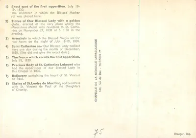 Capela da Medalha Milagrosa — Aparições da Virgem a Santa Catarina Labouré — Draeger, Imp. — Verso