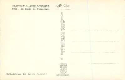 Saint-Malo - Cidade dos Corsários — A Praia de Bonsecours — Editor LUMICAP, n° 1106 — Verso