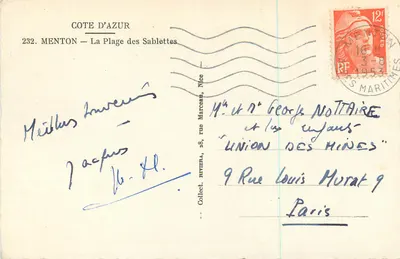 Menton — La Playa de las Sablettes — Collect. Nice — Reverso