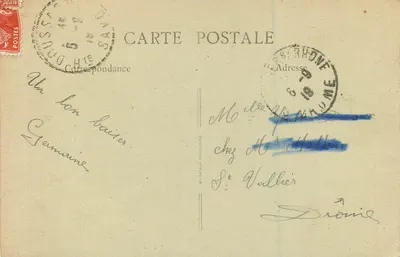 Jezioro Annecy — Zamek Duingt (XVe w.) — Widok z tarasu Grotty N.-D. Lourdes — Wydawca E. By Paris, nr 116 — Rewers