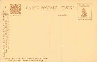 Cannes — Promenade des Anglais — figura i palmiery — wydawca Tuck — Rewers