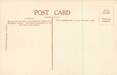 Trafalgar Square, Londyn — widok panoramiczny z pomnikiem Nelsona i Galerią Narodową — Librairie Française, Londres — Rewers