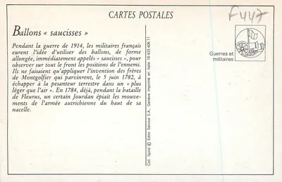 Balões «saucisses» — Primeira Guerra Mundial — Edição Service S.A. n° 16.423.406 11 — Verso