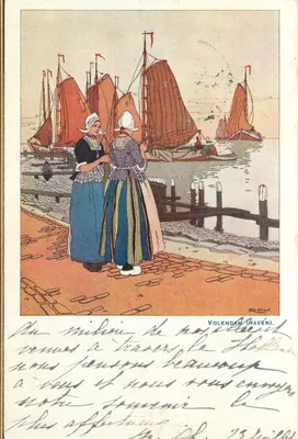Duas mulheres em Volendam (Haven) — ilustração colorida — editor G. Léonard, n° 18