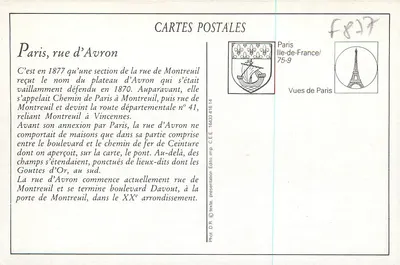 Paris, rue d'Avron — vista tirada à altura do ponte — editor C.E.E. n° 439 — Verso
