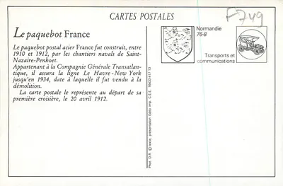 Le Havre — O Transatlântico "France", da Companhia Geral Transatlântica — LL. n°236 — Verso