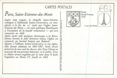 Parijs (Vᵉ) — De Kerk van Saint-Étienne-du-Mont, het Lyceum Henri IV en de Toren van Clovis — Lefevre-Utile — Achterkant