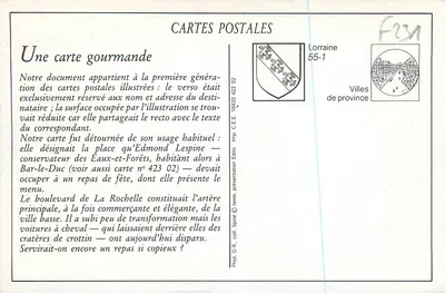 Bar-le-Duc - Boulevard de La Rochelle — Menu de refeições — Editor Ed. Collet, Bar-le-Duc — Verso