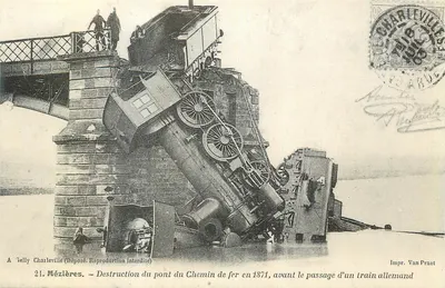 Mézières — Destrução do ponte do Chemin de fer em 1871, antes do passagem de um trem alemão — Impr. Van Praet