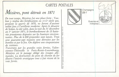 Mézières — Destrução do ponte do Chemin de fer em 1871, antes do passagem de um trem alemão — Impr. Van Praet — Verso