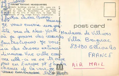 New York — Vista delle Nazioni Unite con Empire State e Chrysler Building — Manhattan Post Card Co. — Verso