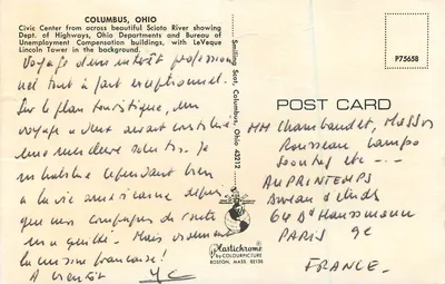 Columbus, Ohio — Widok z rzeki Scioto na Civic Center z budynkami Departamentu Dróg i Urzędu Ubezpieczenia Pracy oraz wieżą LeVeque Lincoln w tle — wydawca Smiling Scot, nr P75658 — Rewers