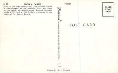Bodiam Castle — château fort du XIVe siècle — éditeur Colourpicture Publishers Ltd, série S 56 — Rewers