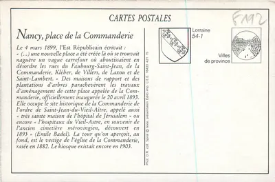 Nancy — Praça e Torre da Comendadeira — F. Gedovius, Nancy — Verso