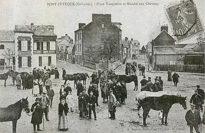 Pont-Pévèque (Calvados) — Place Vauquelin e Mercado dos Cavalos — R. Barbier, Editor, Pont-Pévèque