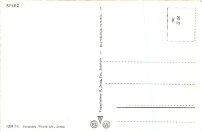 Spiez — widok lotniczy z jeziora i gór — Photoglobe-Wehrli AG, Zurych, n° 1398 FI — Rewers